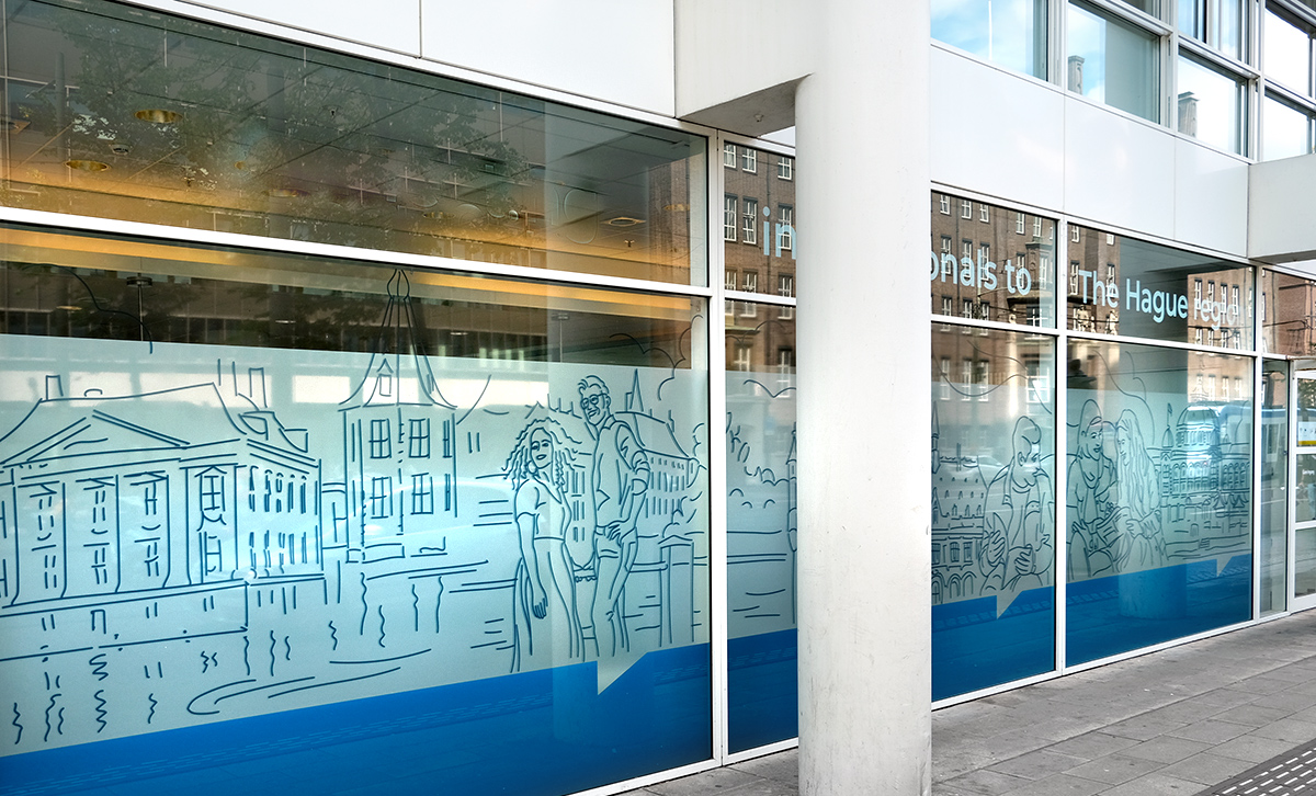 Large-scale glass façade illustration for The Hague International Centre
