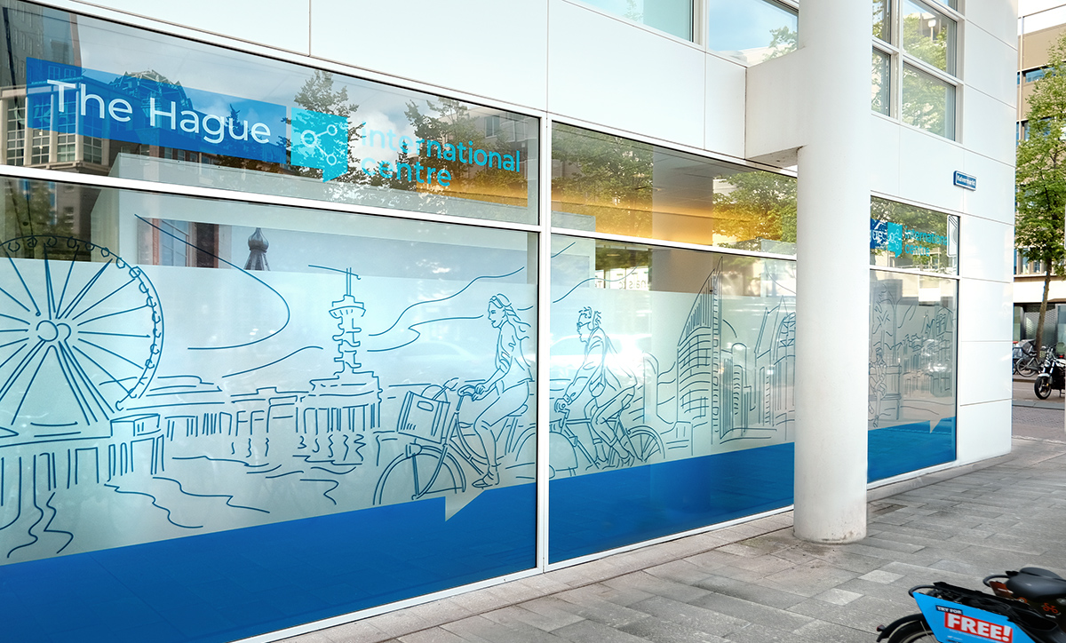 Large-scale glass façade illustration for The Hague International Centre