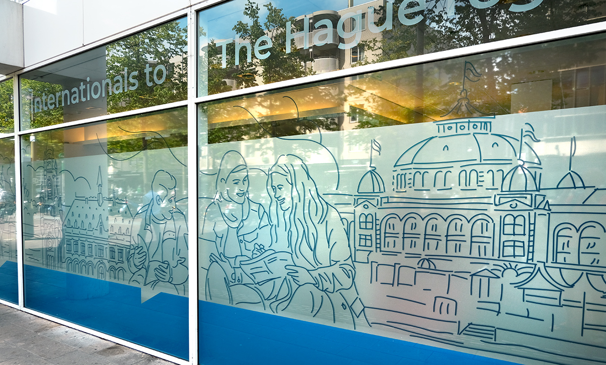 Large-scale glass façade illustration for The Hague International Centre