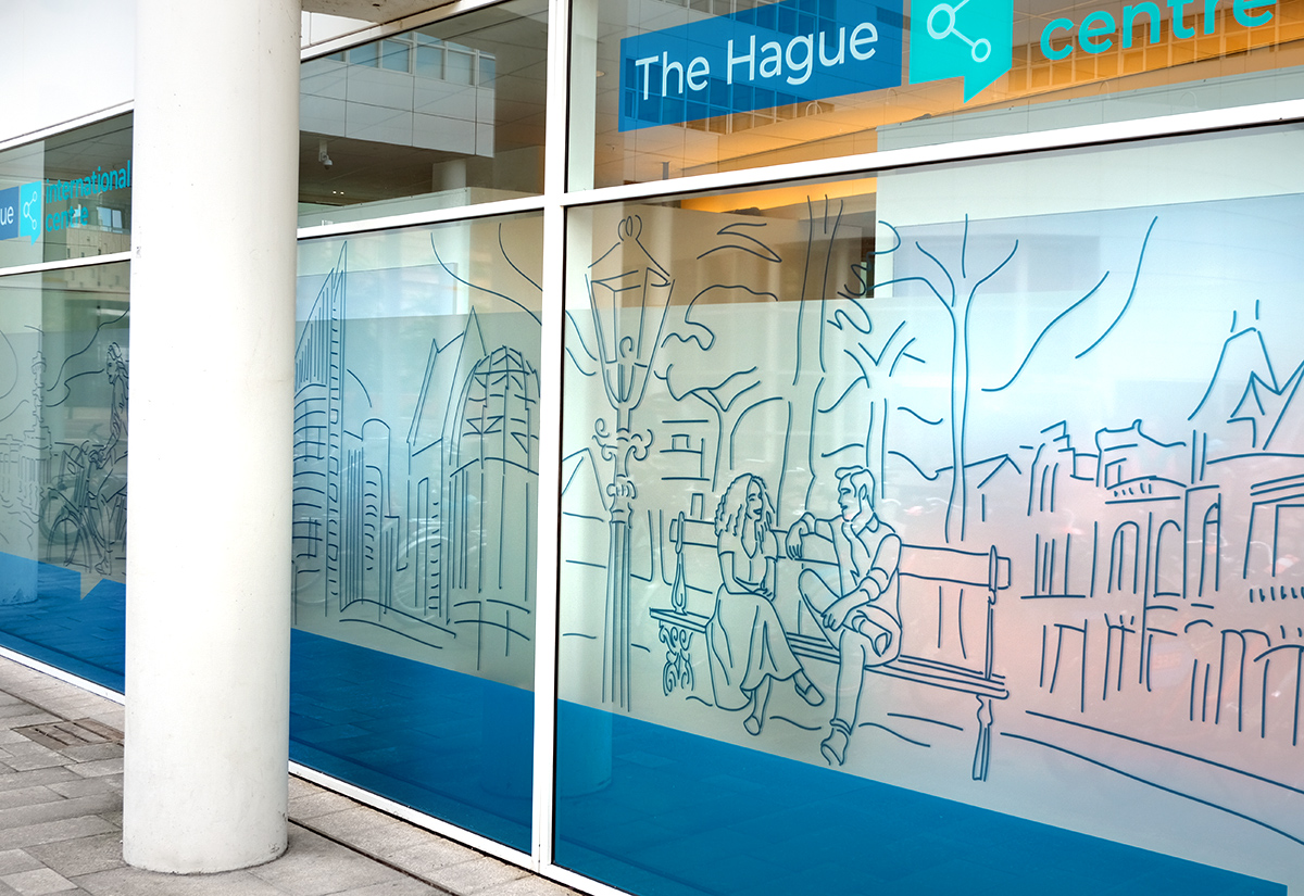Large-scale glass façade illustration for The Hague International Centre