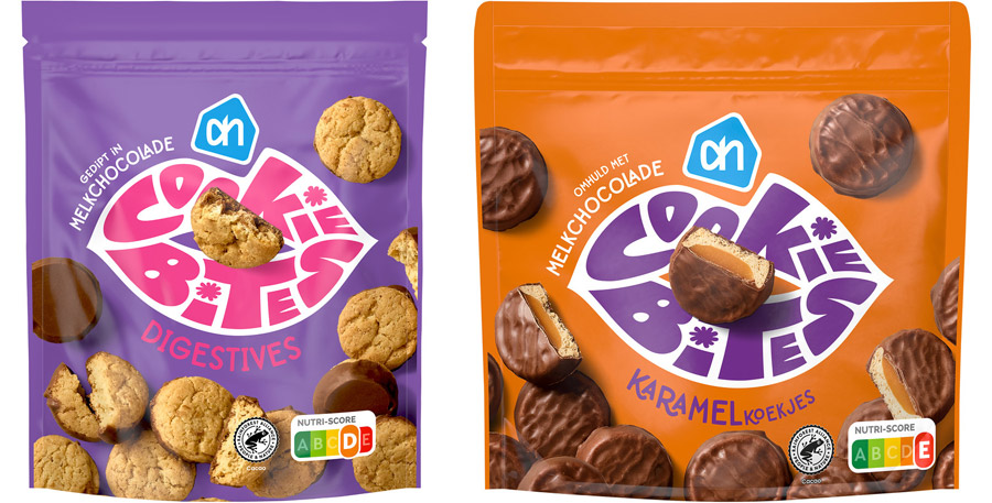 Typographic brand name design on packaging Albert Heijn Cookie Bites