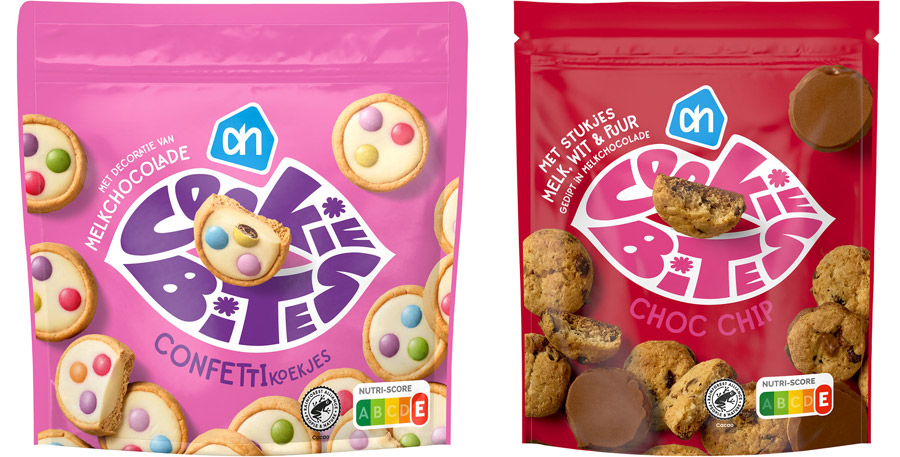 Typographic brand name design on packaging Albert Heijn Cookie Bites