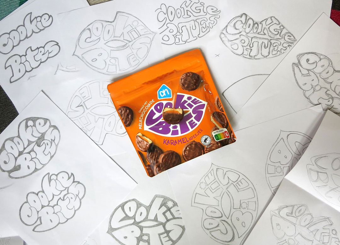 Typographic brand name design sketches Albert Heijn Cookie Bites